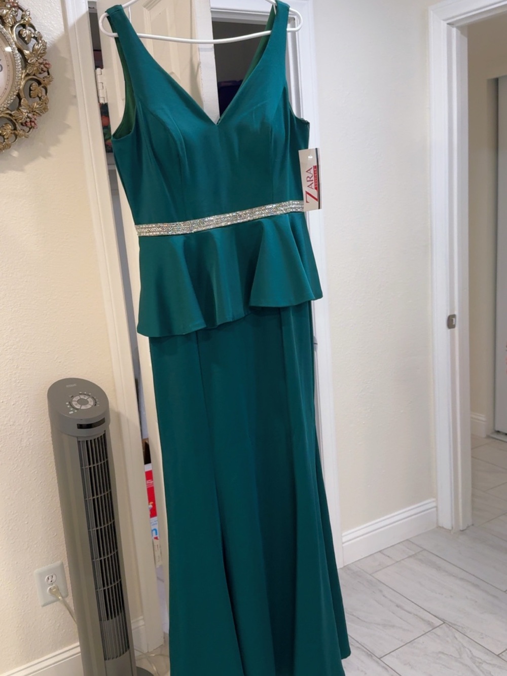Zara Teal V-Neck Peplum Maxi Dress with Rhinestone Waist